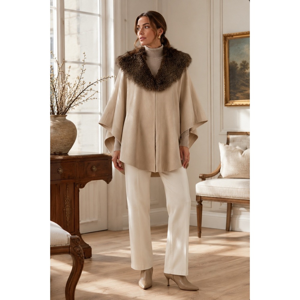 Adrienne Landau Tan Faux Fur Collar Cape Poncho Wrap M/L Beige Luxury Outerwear